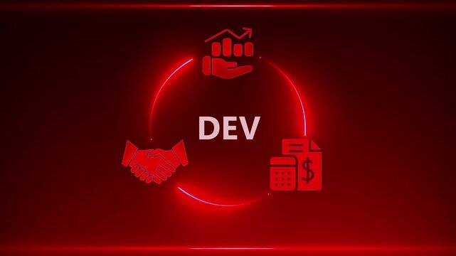 Red Neon Circle with Business Icons and DEV Text on Dark Red Gradient Background finance handshake