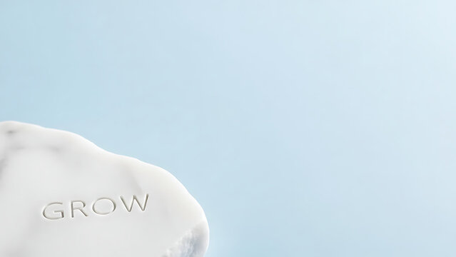 The word GROW imprinted on a white stone against a soft blue background, symbolizing development and potential. - Powered by Adobe