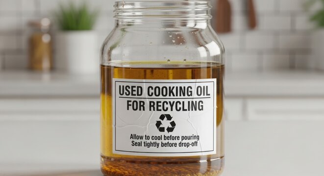 Used cooking oil collected for recycling, shown in clear glass jar, against blurred white kitchen background. Used cooking oil displayed in jar is ready for disposal.