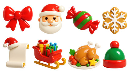 Festive PNG collection of Christmas 3D icons on transparent background. Perfect for holiday design, decoration, or digital greetings.