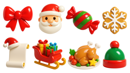 Festive PNG collection of Christmas 3D icons on transparent background. Perfect for holiday design, decoration, or digital greetings.