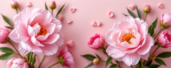 Obraz premium Delicate pink peonies blooming floral arrangement studio setting soft pastel background close-up view beauty of nature