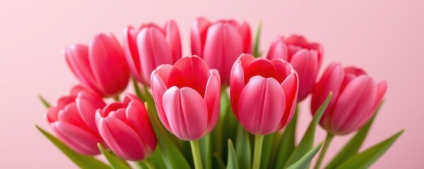 Fototapeta premium Spring bloom of pink red tulips in a vibrant garden floral arrangement natural setting close-up view