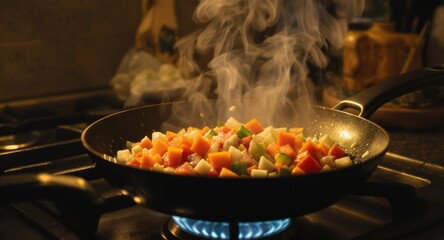 Close-up of colorful chopped vegetables steaming in a pan on a gas stove