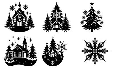 Fototapeta premium Charming winter village and Christmas tree scenes for holiday crafts and decorations, festive silhouette designs for card making and seasonal projects