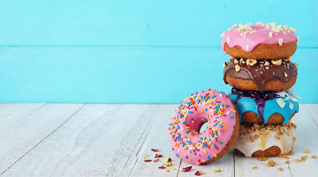 Stack of assorted colorful gourmet donuts arranged on a white wooden table against a bright blue background. Creative food photography with a pink sprinkled pastry leaning against the pile
