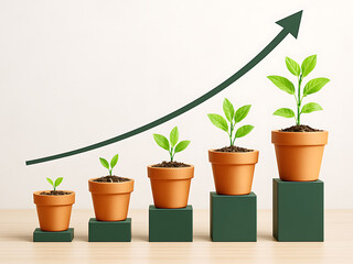 Fototapeta premium Business growth concept with plant pots showing increasing development, financial progress, economic improvement, and sustainability over time