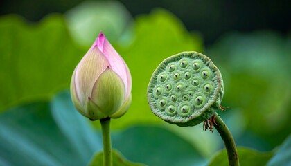 Lotus bud and seed pod side by side in nature