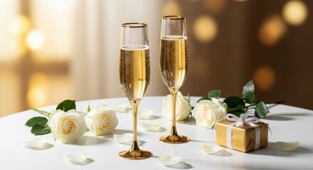 Elegant Champagne Celebration with Roses and Gift. Ai generation