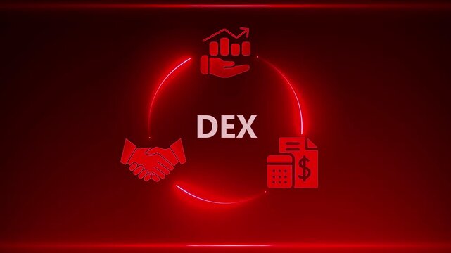 Red Neon Circle with Business Icons and DEX Text on Dark Red Gradient Background finance handshake