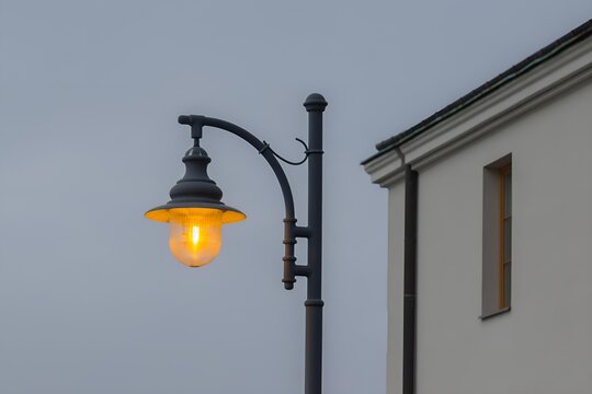 Świecąca lampa uliczna przy elewacji budynku na tle pochmurnego nieba o zmierzchu