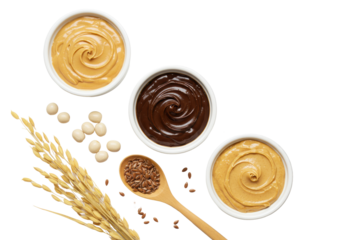 Digital illustration flat lay: ceramic bowls with peanut butter, almond butter, dark chocolate spread, white beans, rustic spoon, rice stalks, flax seeds on white background. Wholesome food concept