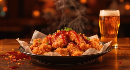 Close-up of fried, sauced chicken bites on a plate with beer in a bar setting