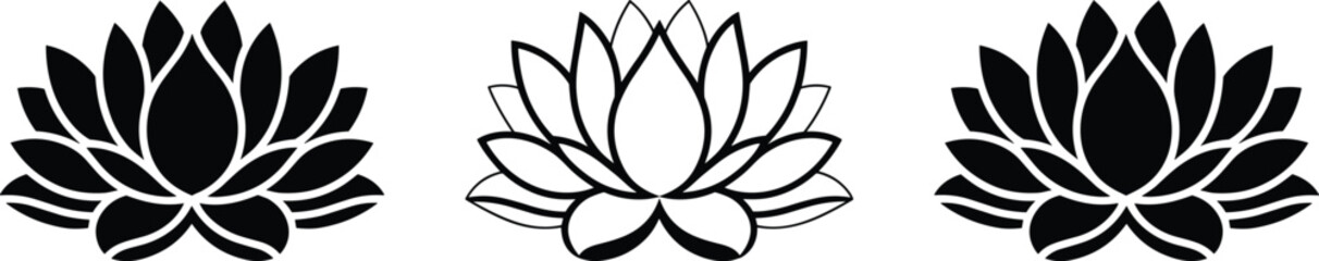 PrintBlack lotus flower icon set vector illustration featuring sacred flowers, water lilies, yoga symbols, spa elements, meditation, and religious or spiritual design concepts.