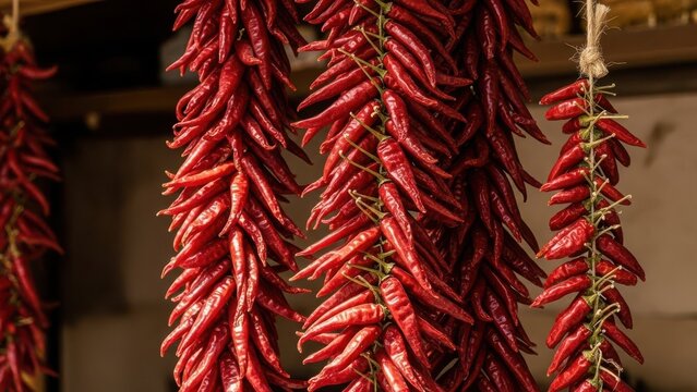 Drying ristras of vibrant red chili peppers hanging outdoors