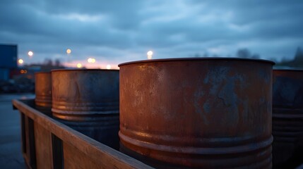 Fototapeta premium Rusty metal barrels sit in an industrial yard at twilight