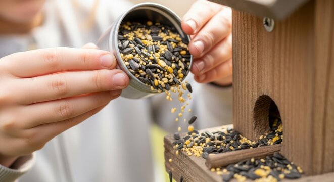 Filling bird feeder with mixed seeds, showing care. Filling bird feeder provides nutritious food for birds and enjoyment for observer.