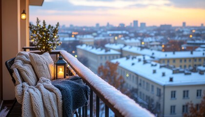 Winter balcony scene with warm décor and snowy urban view, ideal for lifestyle and travel inspiration.