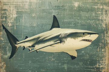 Retro vintage-inspired background, shark motif in soft faded tones, texture, artistic and old-fashioned atmosphere
