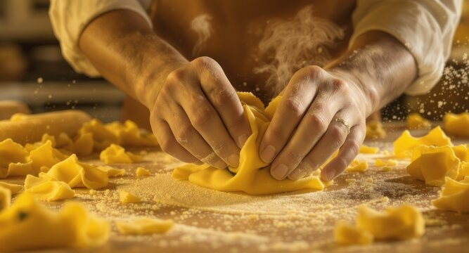 Close-up of hands making pasta, dusted with flour, showcasing culinary creation