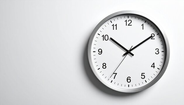 Round wall clock with white face and black hands showing 10:10 on white wall.