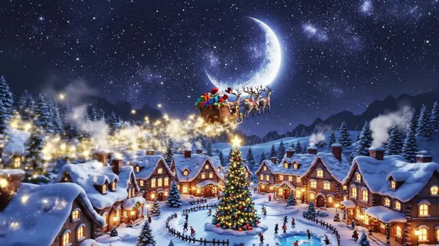 Winter Wonderland Christmas Tale - A festive winter village scene is illuminated by a crescent moon and twinkling stars, as Santa Claus flies overhead in his sleigh pulled by reindeer.
