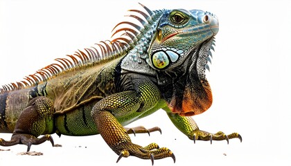 Obraz premium Vibrant green iguana with spines and dewlap posed on white background.