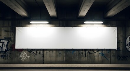 Blank white billboard mockup template for advertising or promotion, mounted on a dark, gritty concrete wall with graffiti under fluorescent lights