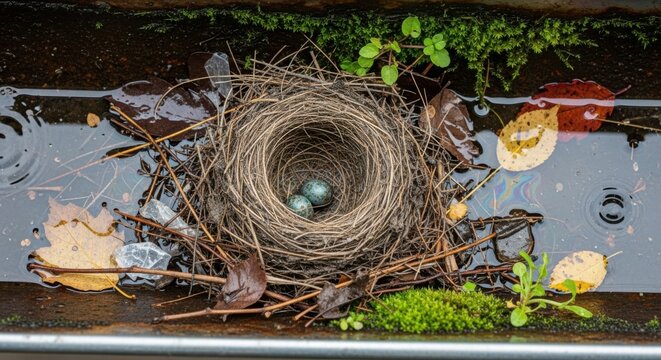 Bird nest on twigs with three blue eggs surrounded by water, leaves, and mosses. Bird nest shelters delicate eggs, symbolizing new life and nature's cycle. Concept bird nest, a symbol of hope, - Powered by Adobe