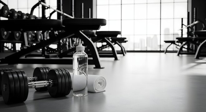 3D Rendering Dumbbells on Floor in Concept Fitness Room - Powered by Adobe