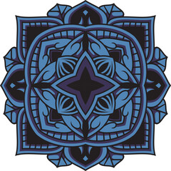 
A detailed black line blue mandala featuring stylized petals and swirling leaves, for frames, pattern designs, and meditation visuals, expressing harmony and refined craftsmanship.