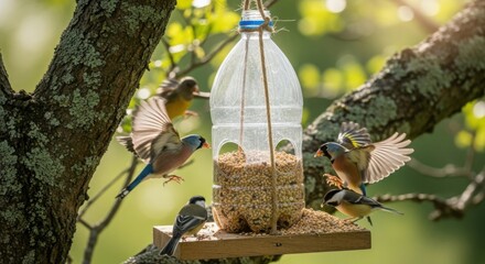 Birds at feeder crafted from plastic bottle in springtime sunlight, birds attracted by grains and seeds. Recycled feeder shows creative reuse for conservation,