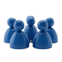 Five blue game pieces arranged in a circle with central leader figure, stylized 3D design representing teamwork, strategy, group dynamics, board games, and collaboration PNG