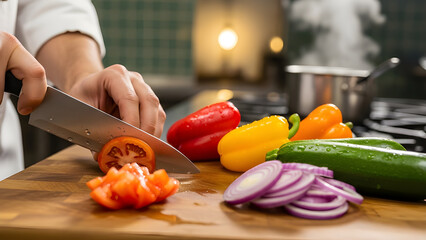 Chef slicing vegetables in a cozy kitchen, realistic indoor food preparation.