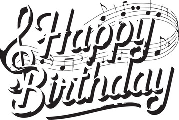 Elegant golden lettering spells out "Happy Birthday" intertwined with flowing musical staff and a treble clef, suggesting a musical celebration.