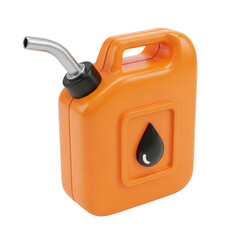 Bright orange plastic fuel container icon with handle, angled spout, and black droplet symbol, glossy 3D design representing gasoline, diesel, refueling, storage, and utility equipment PNG
