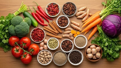 Vibrant assortment of fresh vegetables and spices on a wooden table