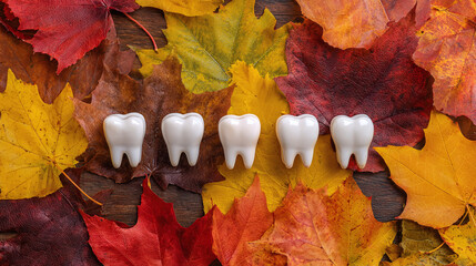 Dental health awareness portrayed amidst autumn foliage, emphasizing the importance of caring for your teeth during every season of the year.