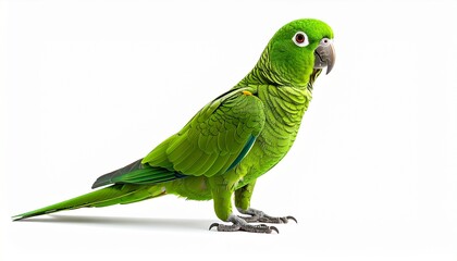 Vibrant green parrot with curved beak and detailed feathers on white background.