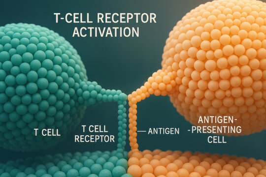 Medical science illustration showing T cell receptor activation. An antigen presenting cell interacts with T cell, key immunology process for molecule response