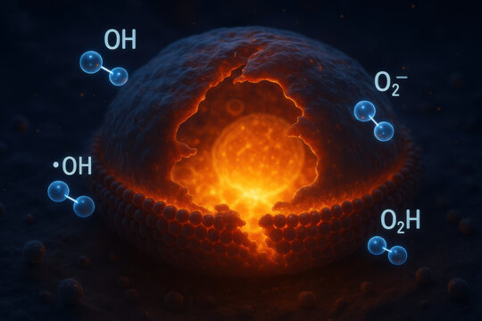 Intense biomedical illustration of oxidative damage. Free radical molecules like hydroxyl and superoxide orbiting damaged cell membrane, illuminating cytoplasm with bio glow