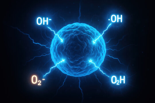 Medical concept of oxidative stress. Glowing free radical and reactive oxygen species show electric attack on blue cell. This illustrates biochemistry process of cellular damage