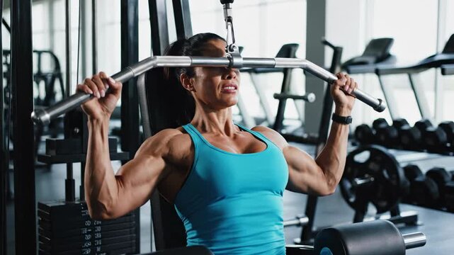 Fitness enthusiast demonstrates intense lat pulldown in gym setting. strength and determination highlighted through focused workout routine.