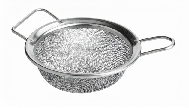 Metal mesh strainer with fine bowl, long handle, and loop grip on neutral background.