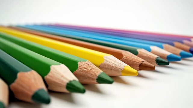 Colored Pencils on White - A close-up shot features a collection of colorful pencils arranged neatly in a row on a clean white background. The pencils span a range of colors from yellow to blue.