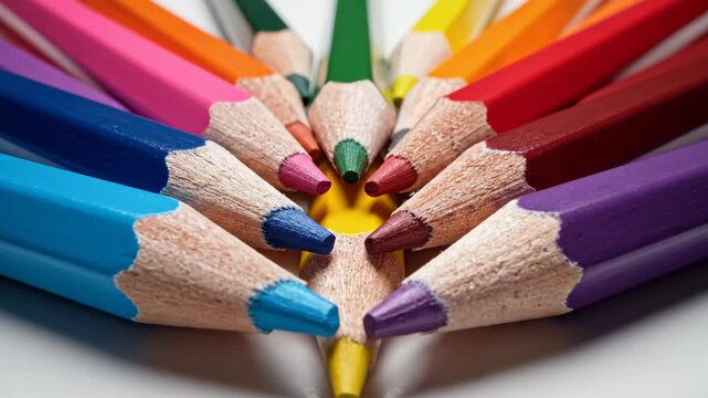Colorful Pencils Arranged on White Background - A close-up video showcases a collection of colorful pencils arranged in a radial pattern on a clean, white surface.