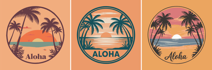 Tropical Aloha beach illustration set with palm trees and sunset in vintage circle badge style