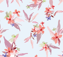 Seamless colorful floral pattern. Hand drawn flowers, herbs, leaves, branches, berries, tulip. Simple cute flat vector elements. Design for textile, cover, wallpaper