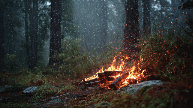 A crackling campfire burns brightly amidst a dense forest, untouched and wild, creating a stark yet comforting contrast to the rainy day. - Powered by Adobe