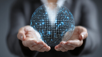 Data sphere concept. Hands holding digital globe. Binary code displayed as a holographic earth. Innovation in communication and technology.